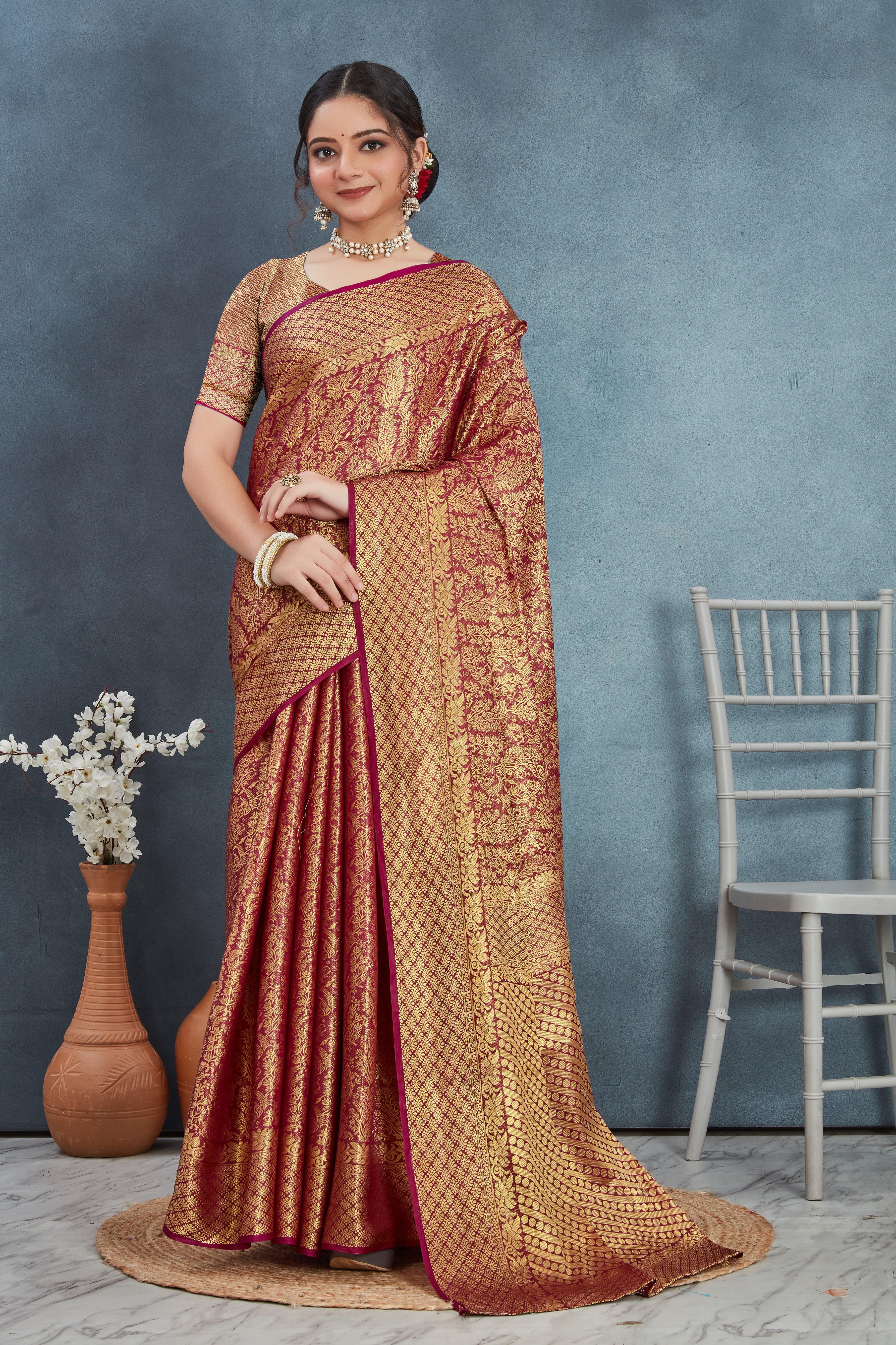 Premium Brocade Elegance: Pure Mysore Silk Sarees in Maroon for Weddings & Festive Wear