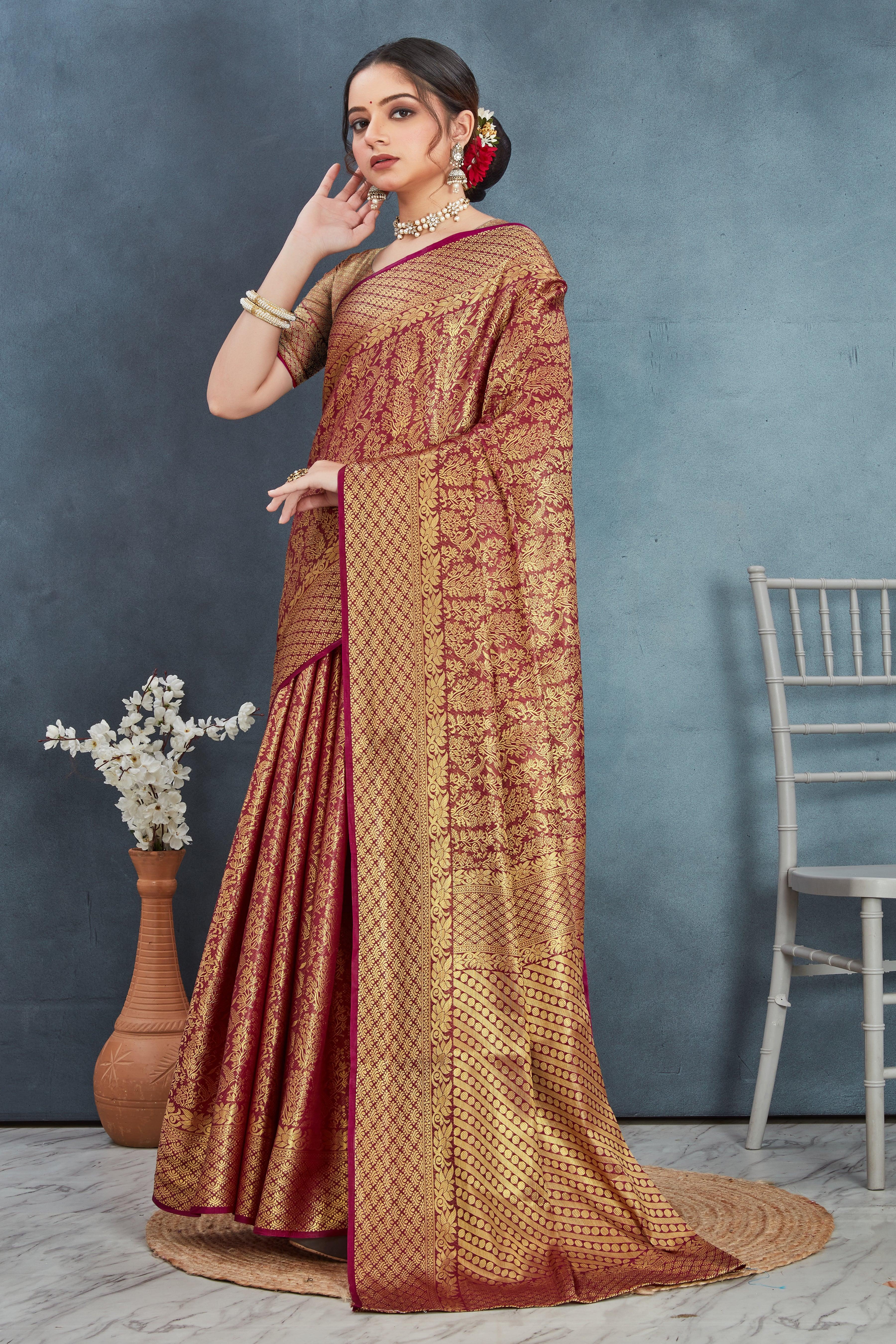 Premium Brocade Elegance: Pure Mysore Silk Sarees in Maroon for Weddings & Festive Wear