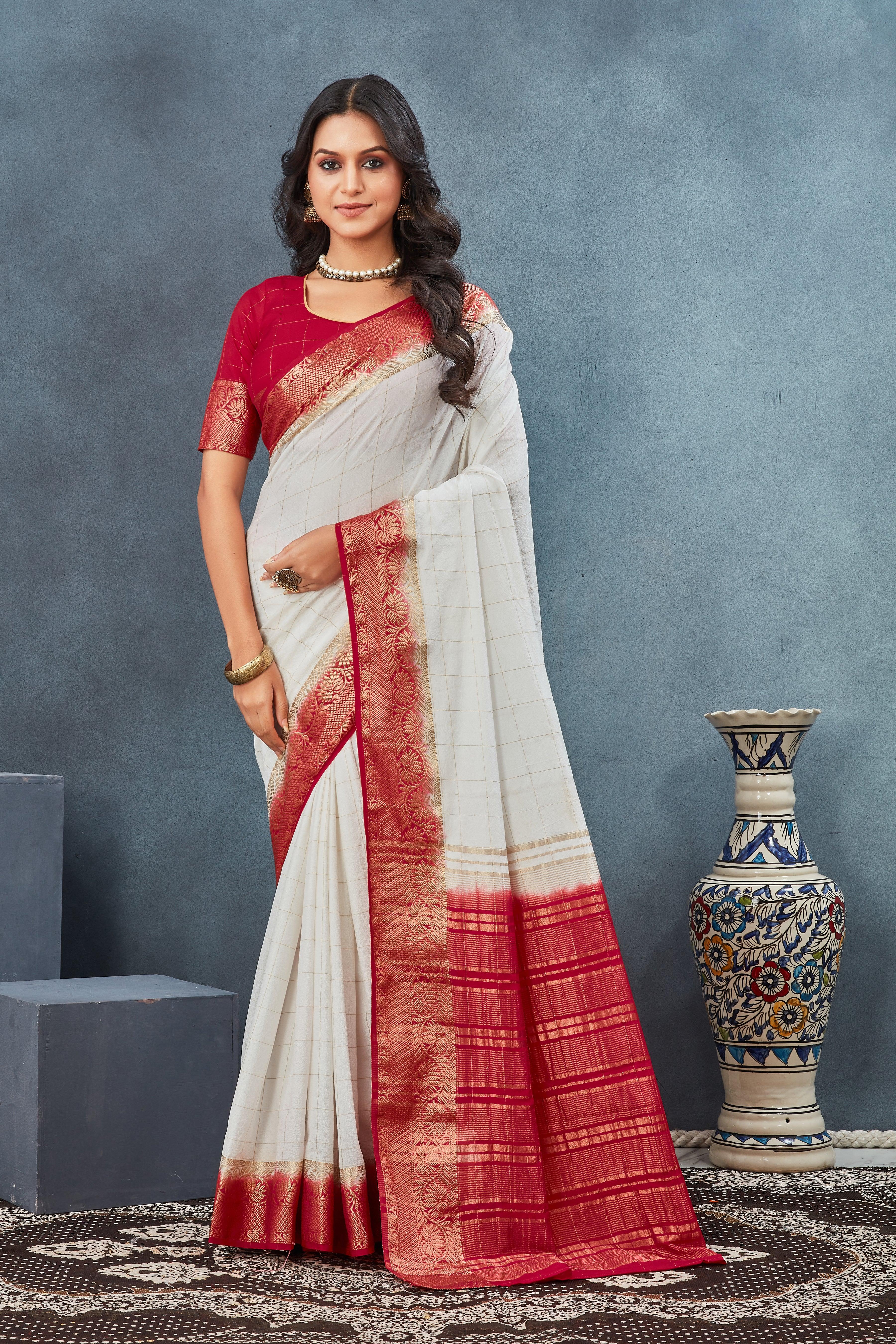 EXCLUSIVE  WHITE AND RED BORDER SOFT SILK SAREES