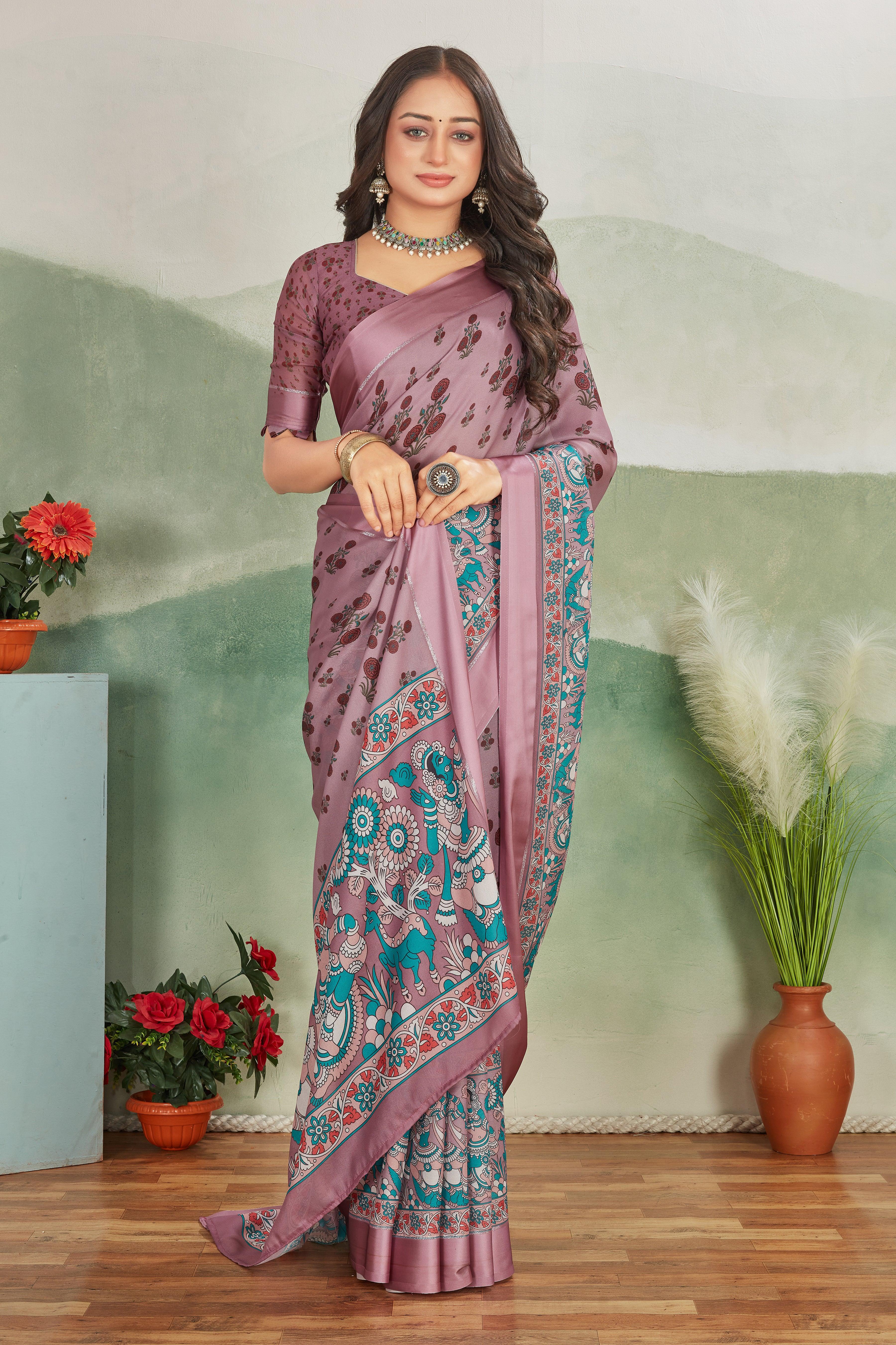 Premium Adorn Yourself with Art: Kalamkari Prints on Crepe Silk Elegance for Weddings & Festive Wear