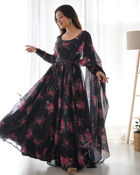 Black Floral Printed Pure Soft Organza Silk Anarkali Suit with Dupatta Set