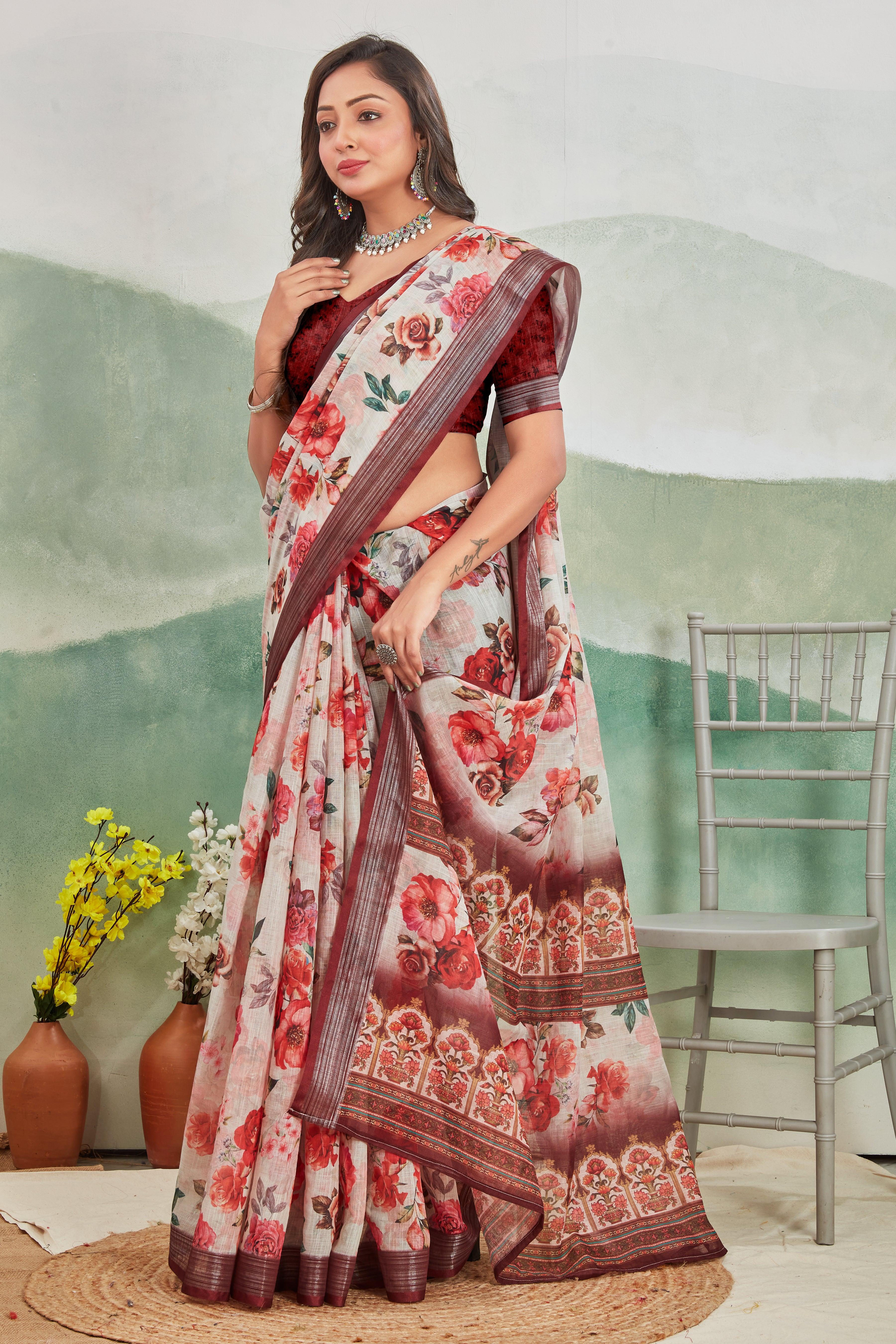 Premium Pure Linen Saree For Every Occasion in Brown for Weddings & Festive Wear