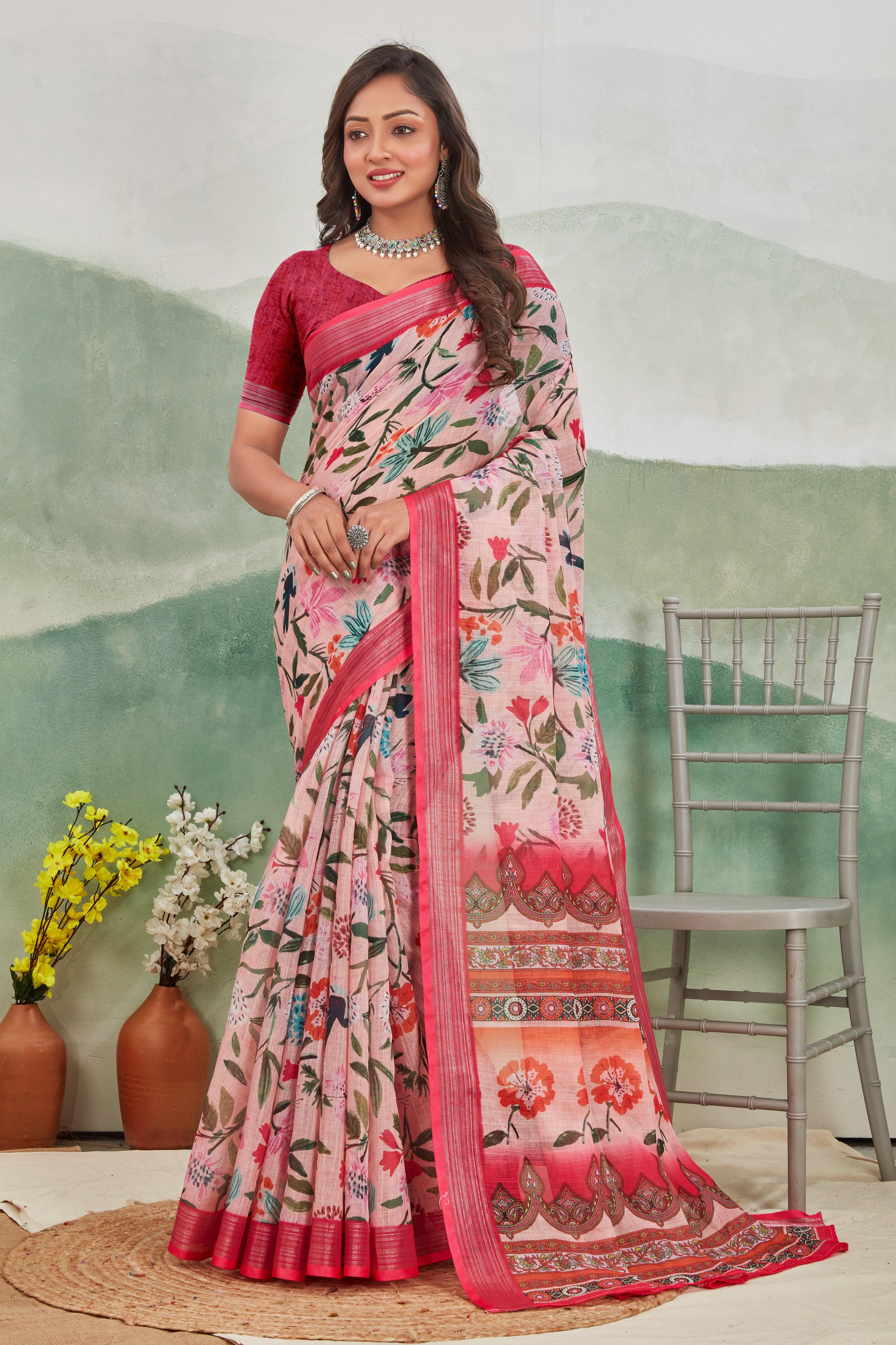 Premium Grace in Every Thread: Versatile Pink Linen Saree for Weddings & Festive Wear