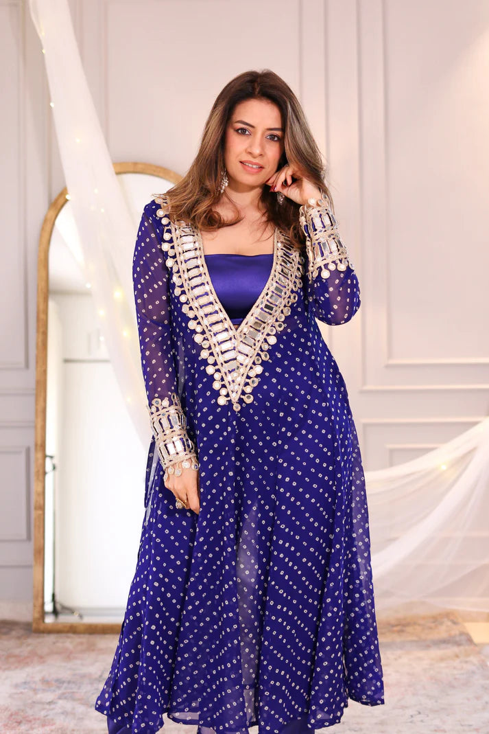 Blue Mirror work kurta palazzo set with dupatta