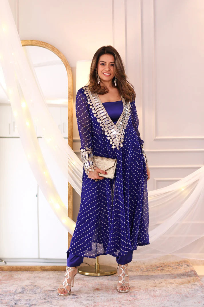 Blue Mirror work kurta palazzo set with dupatta