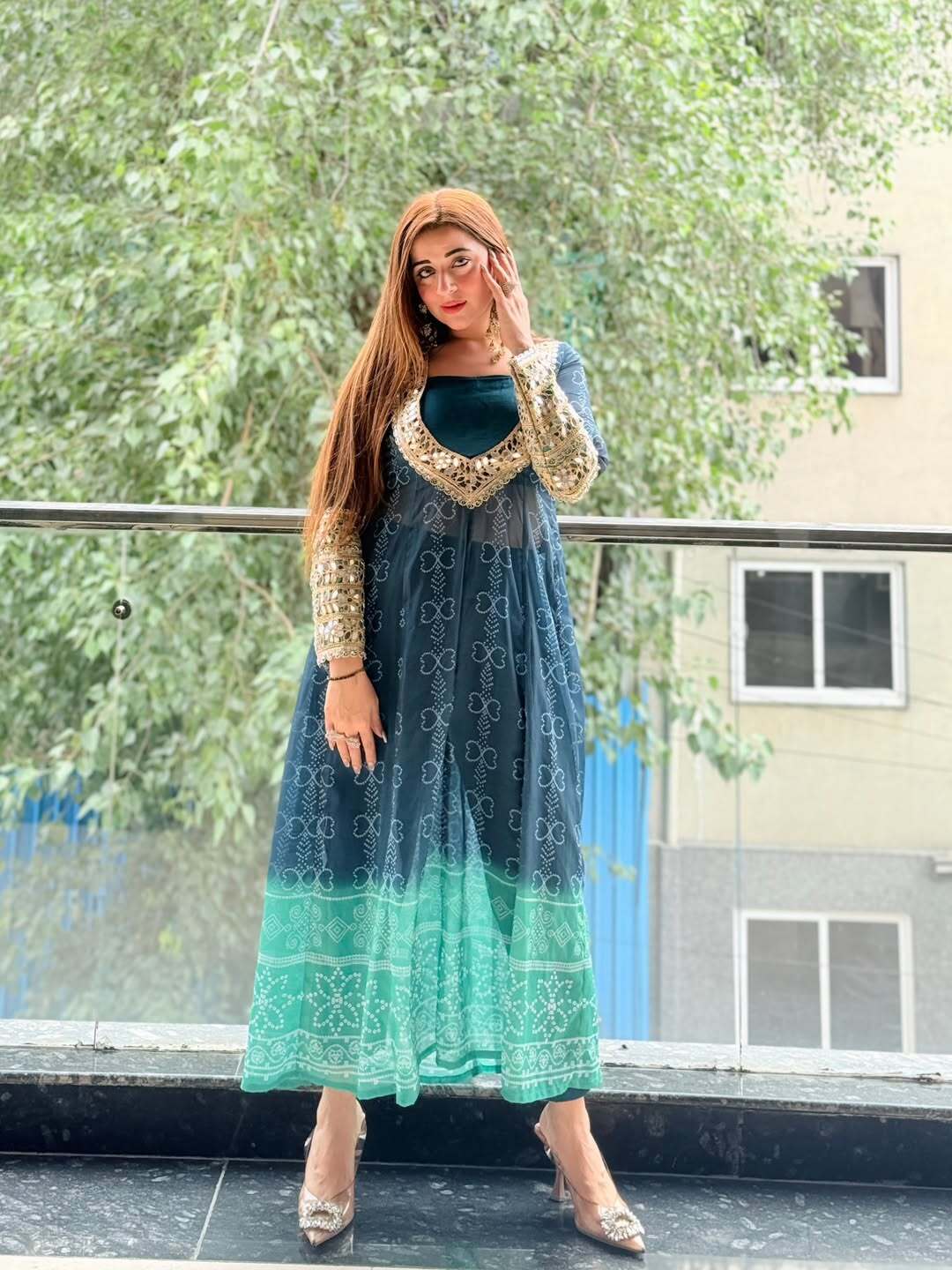 Multi colour Georgette kurti set with Mirror work