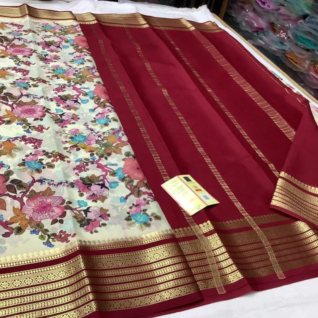 Premium Mysore Printed Silk Sarees with Elegant Floral Prints for Weddings & Festive Wear