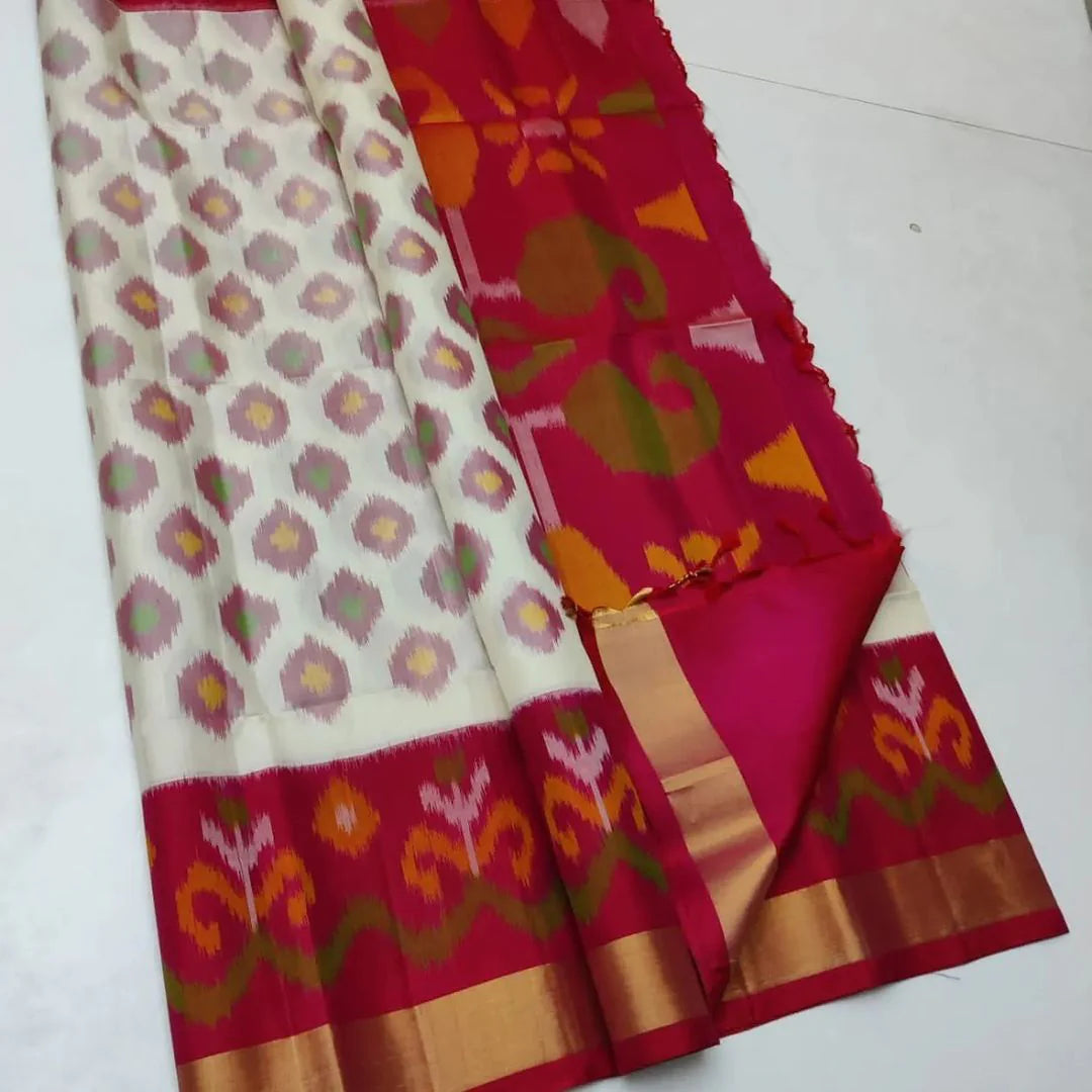 White & Red ikkat Printed Handloom Soft Silk Saree