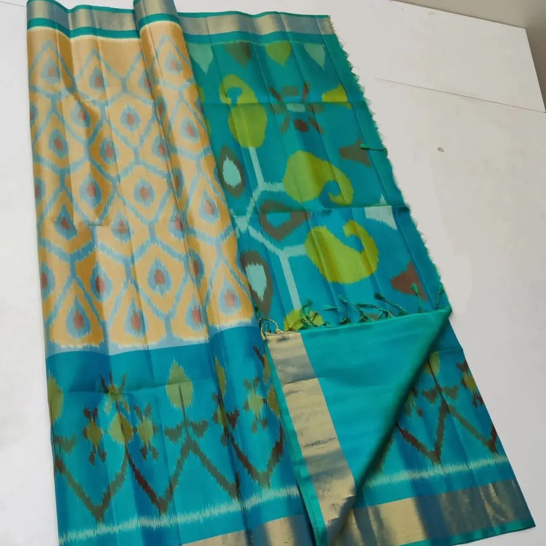 White & Blue ikkat Printed Handloom Soft Silk Saree