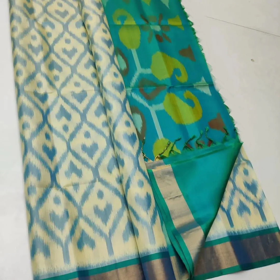 White & Blue ikkat Printed Handloom Soft Silk Saree