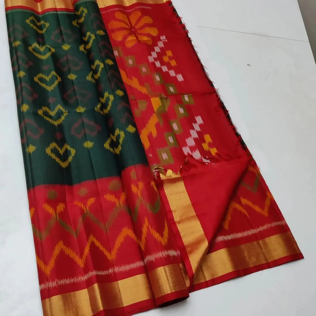 Green & Red ikkat Printed Handloom Soft Silk Saree