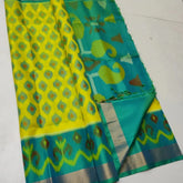 Yellow & Blue ikkat Printed Handloom Soft Silk Saree