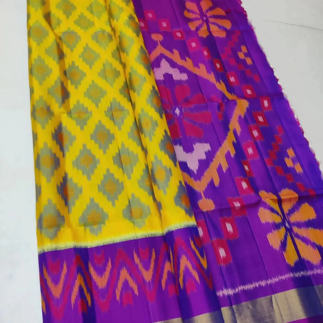 Yellow ikkat Printed Handloom Soft Silk Saree