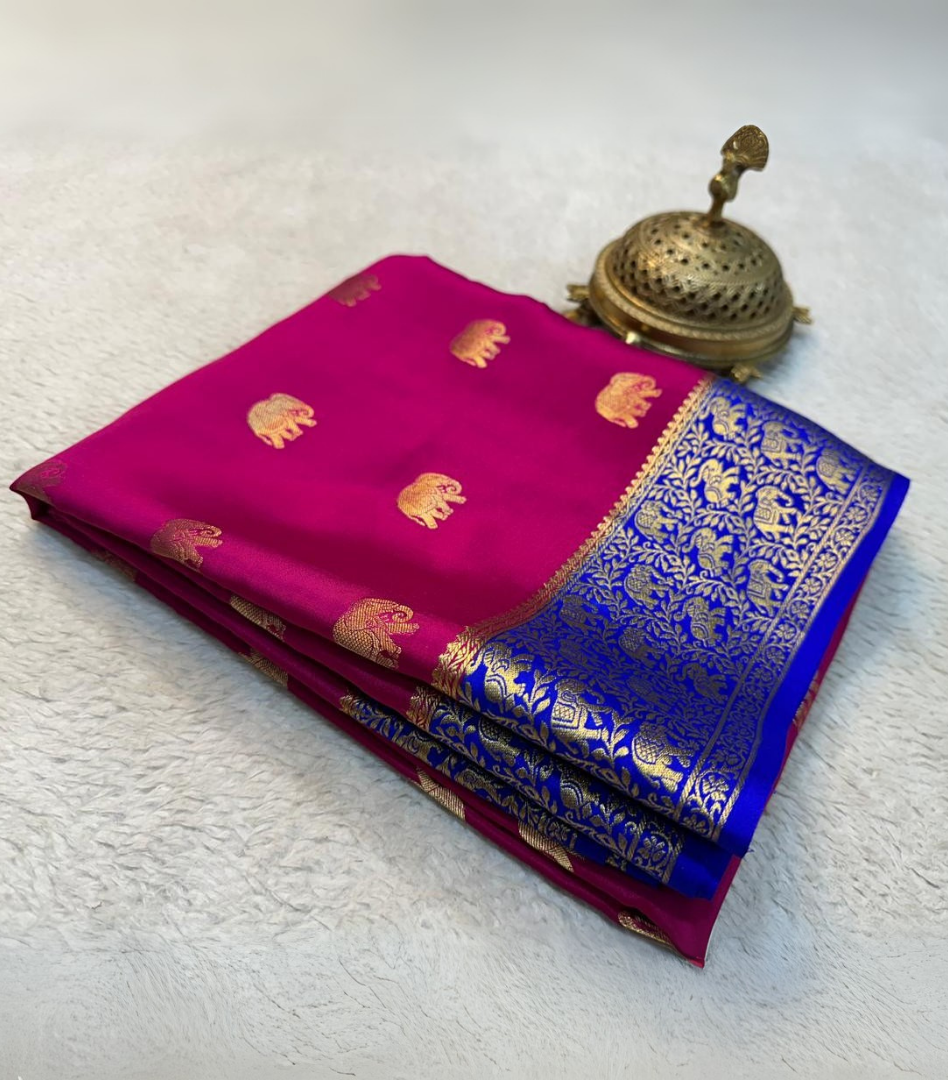 Rani Color Mysore Crape Silk Saree butta with Rich pallu & contrast  blouse