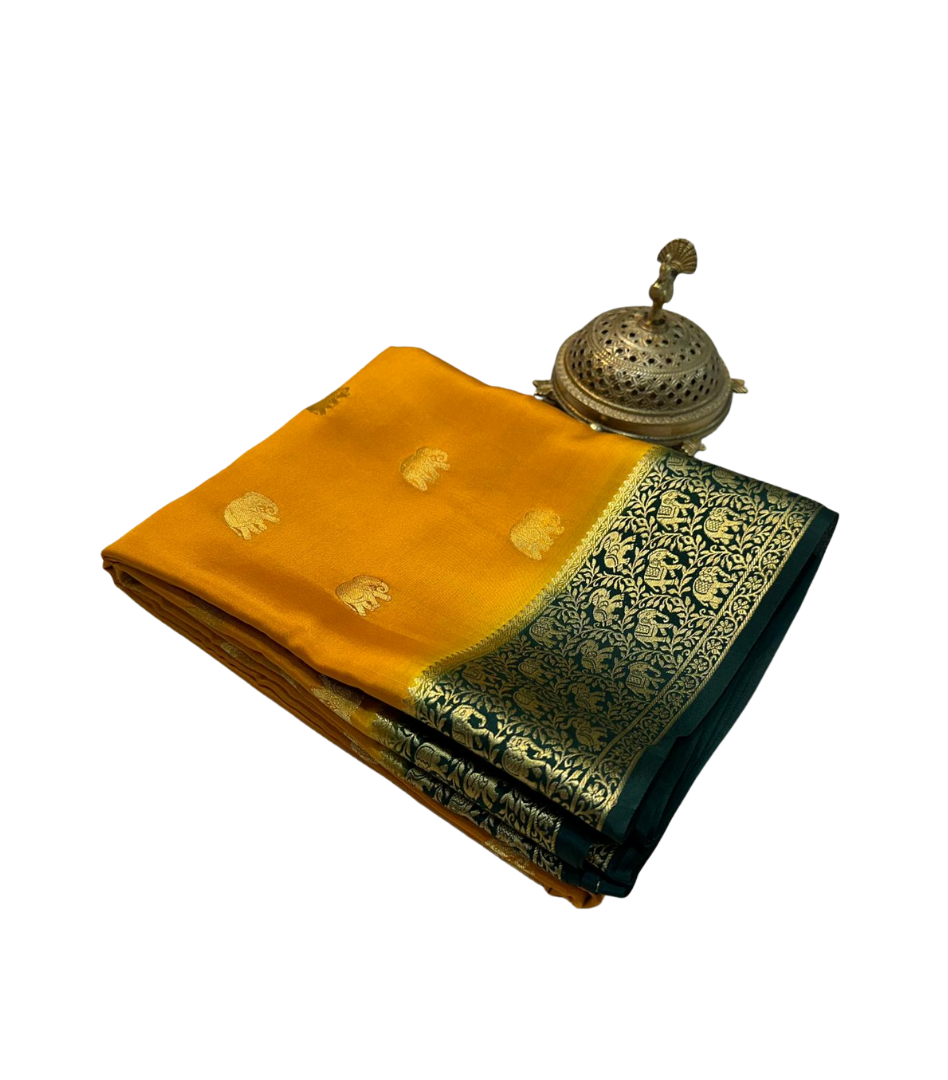 Light yellow Mysore Silk Digital Printed Saree with rich pallu