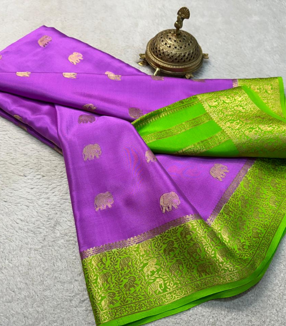 Green With Pink and Crepe Purple Silk Saree with Blouse