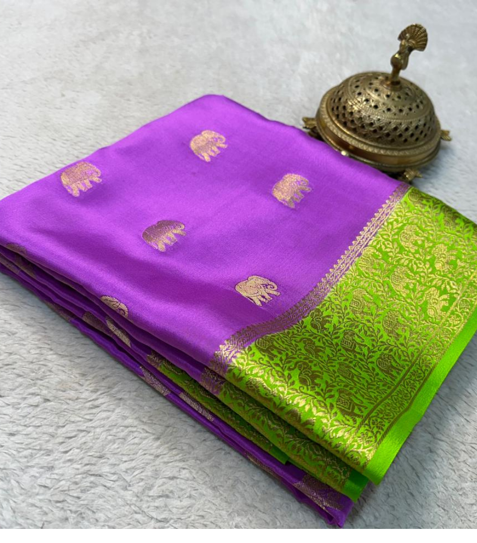 Green With Pink and Crepe Purple Silk Saree with Blouse