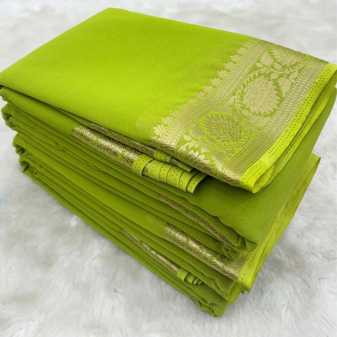 Contrast Zari Border Plain Lime Green Mysore Silk Saree