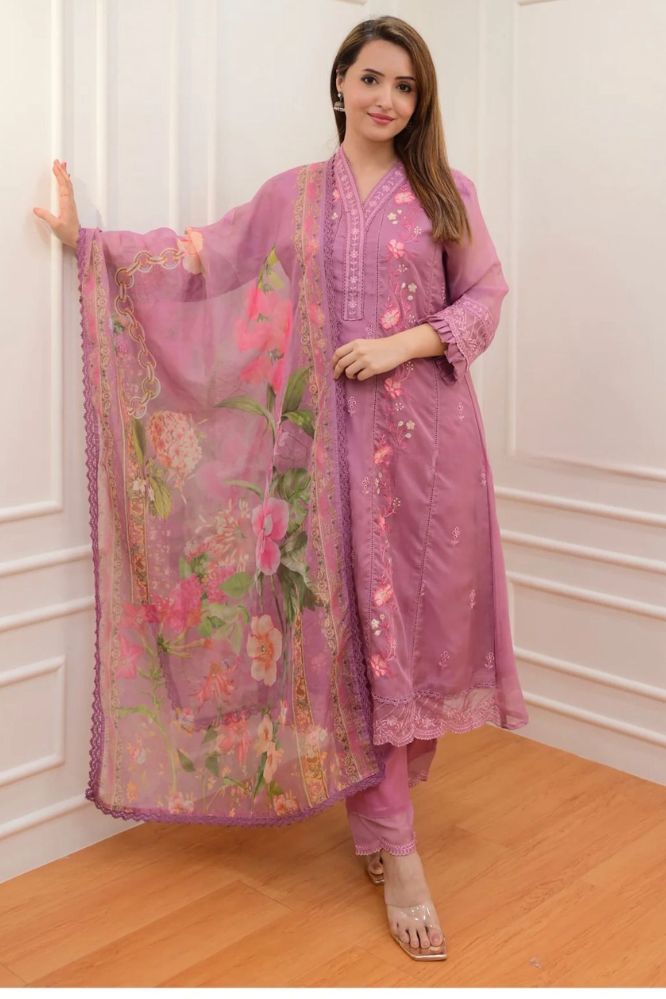 Peach Anarkali Heavy Embroidery Dress With Digital Print Organza Floral Dupatta