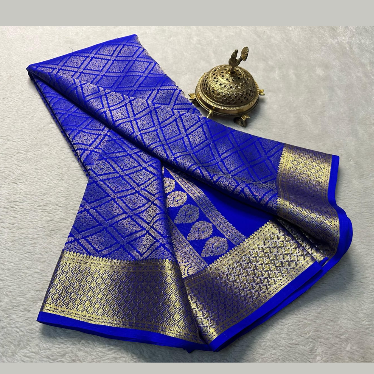 Blue Brocade Silk Saree WIth Contrast Blouse