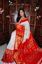 White & Red Handloom Soft Silk ikkat Printed Saree