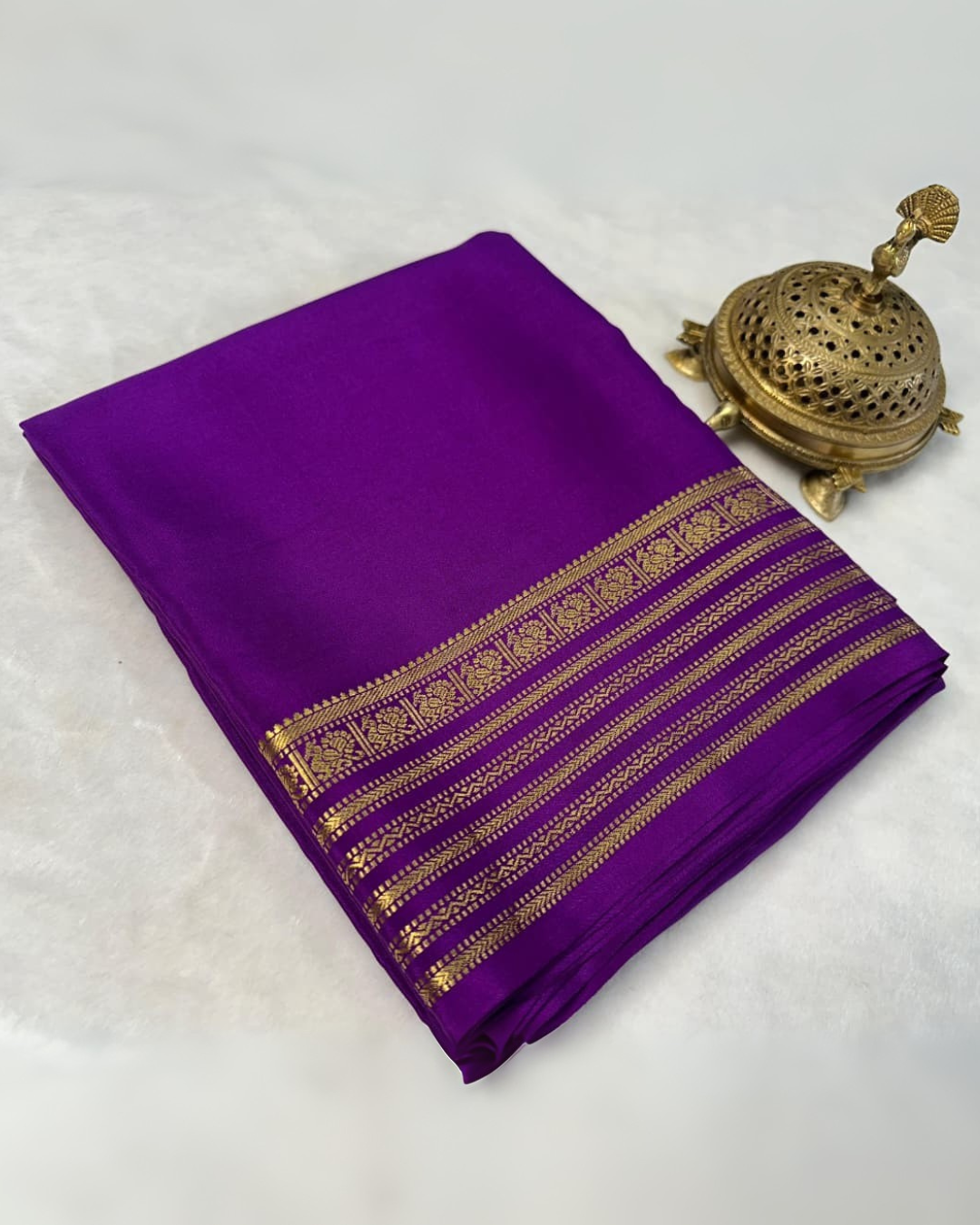 Purple Royal Mysore Silk Saree with Traditional Golden Border