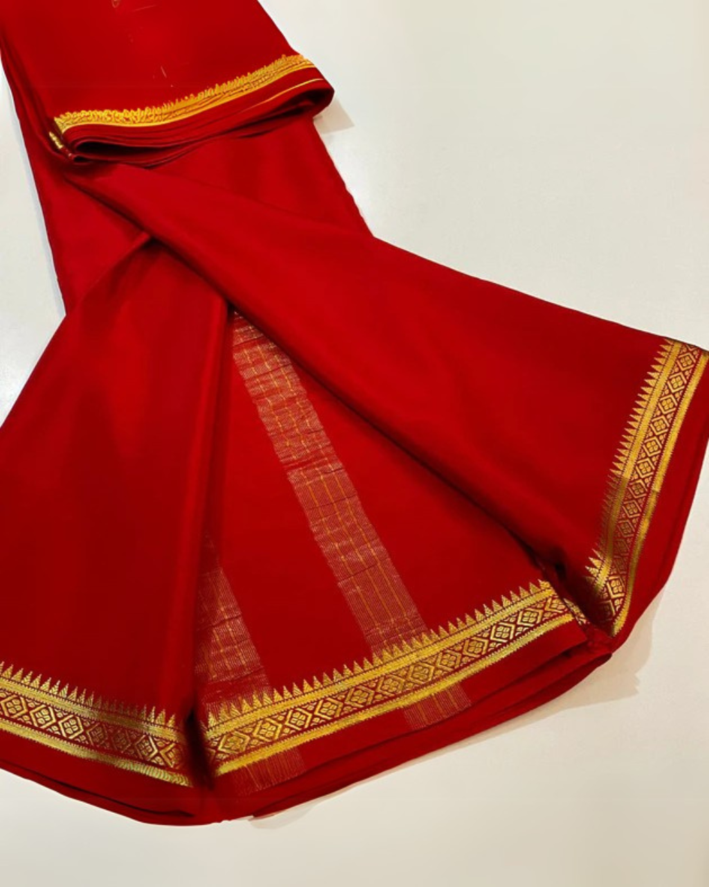 Red Mysore semi Silk Saree with zari Border