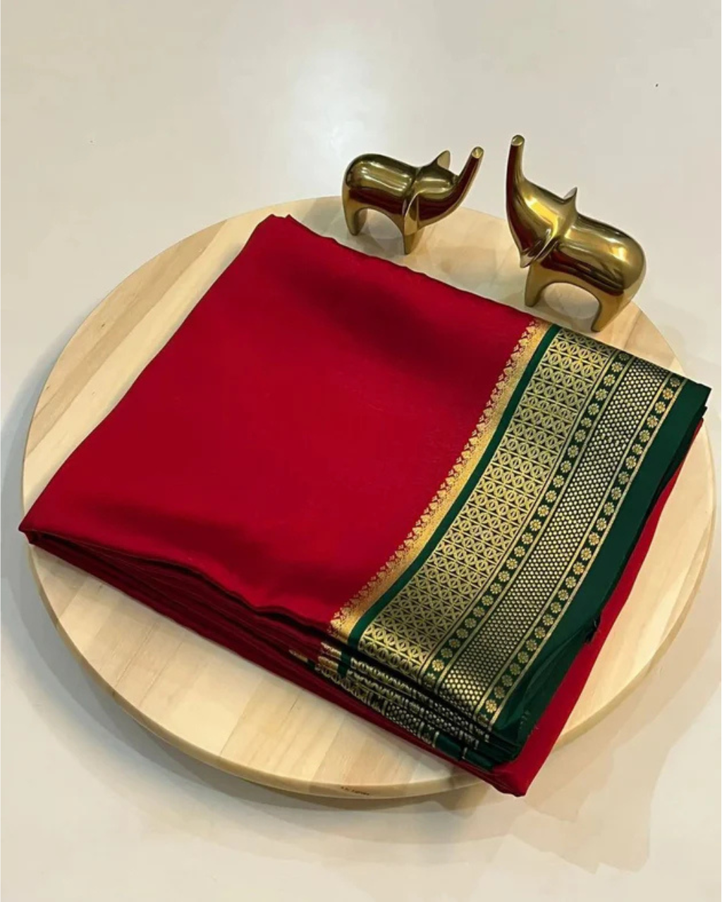 Pure Mysore Red Silk Saree with Green Border