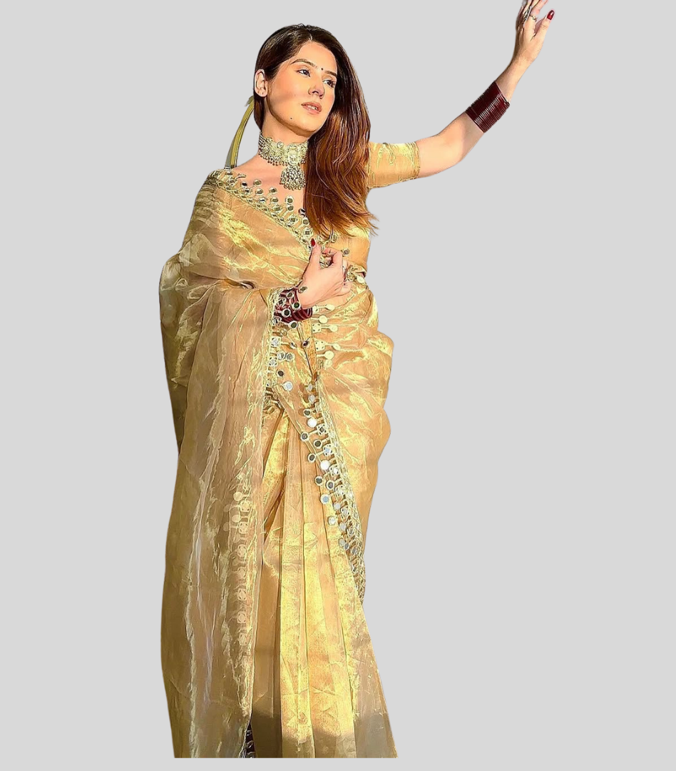 Golden Tissue Mirror Lace Saree with Blouse