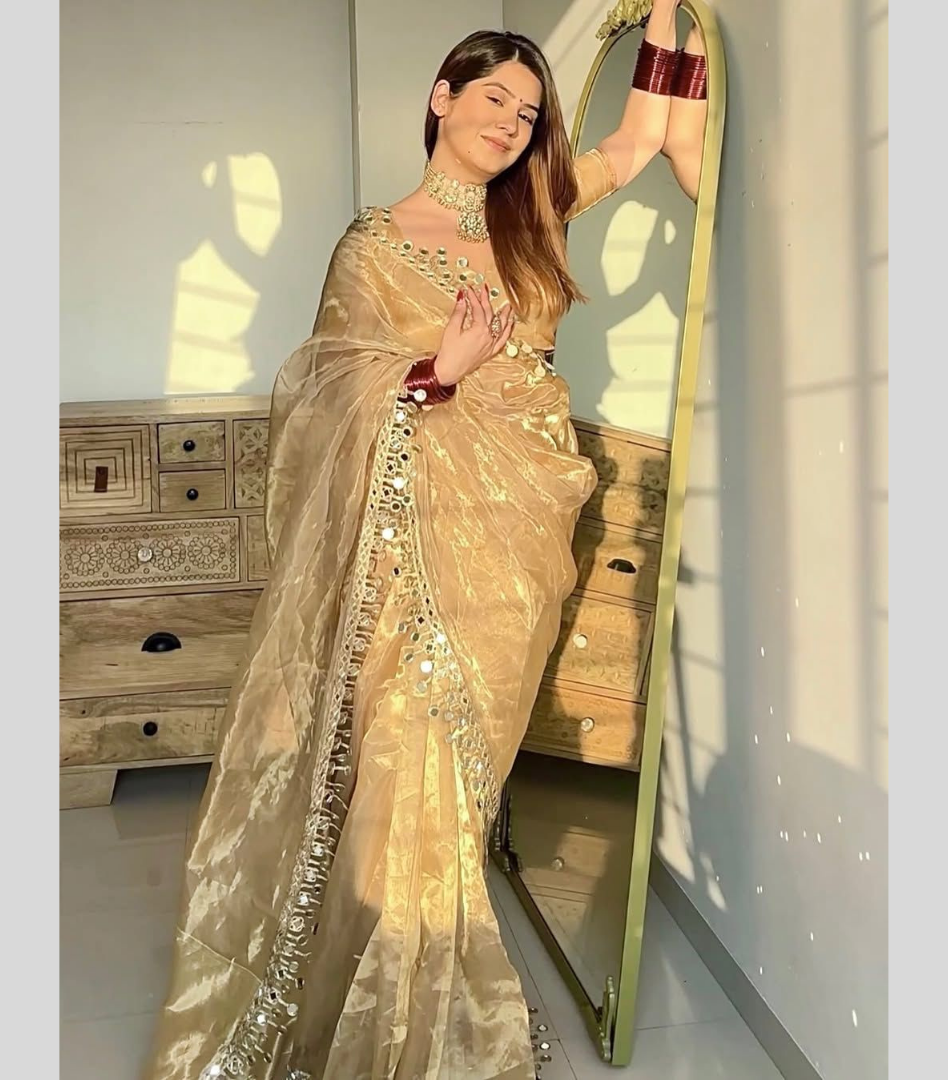 Golden Tissue Mirror Lace Saree with Blouse