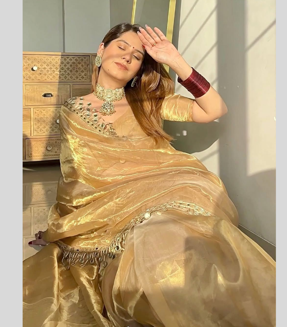 Golden Tissue Mirror Lace Saree with Blouse