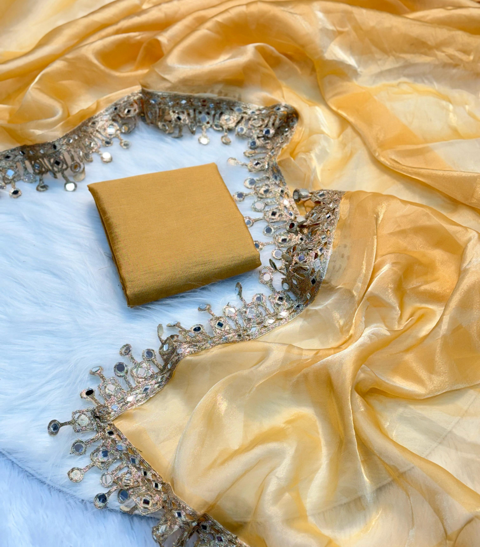 Golden Tissue Mirror Lace Saree with Blouse