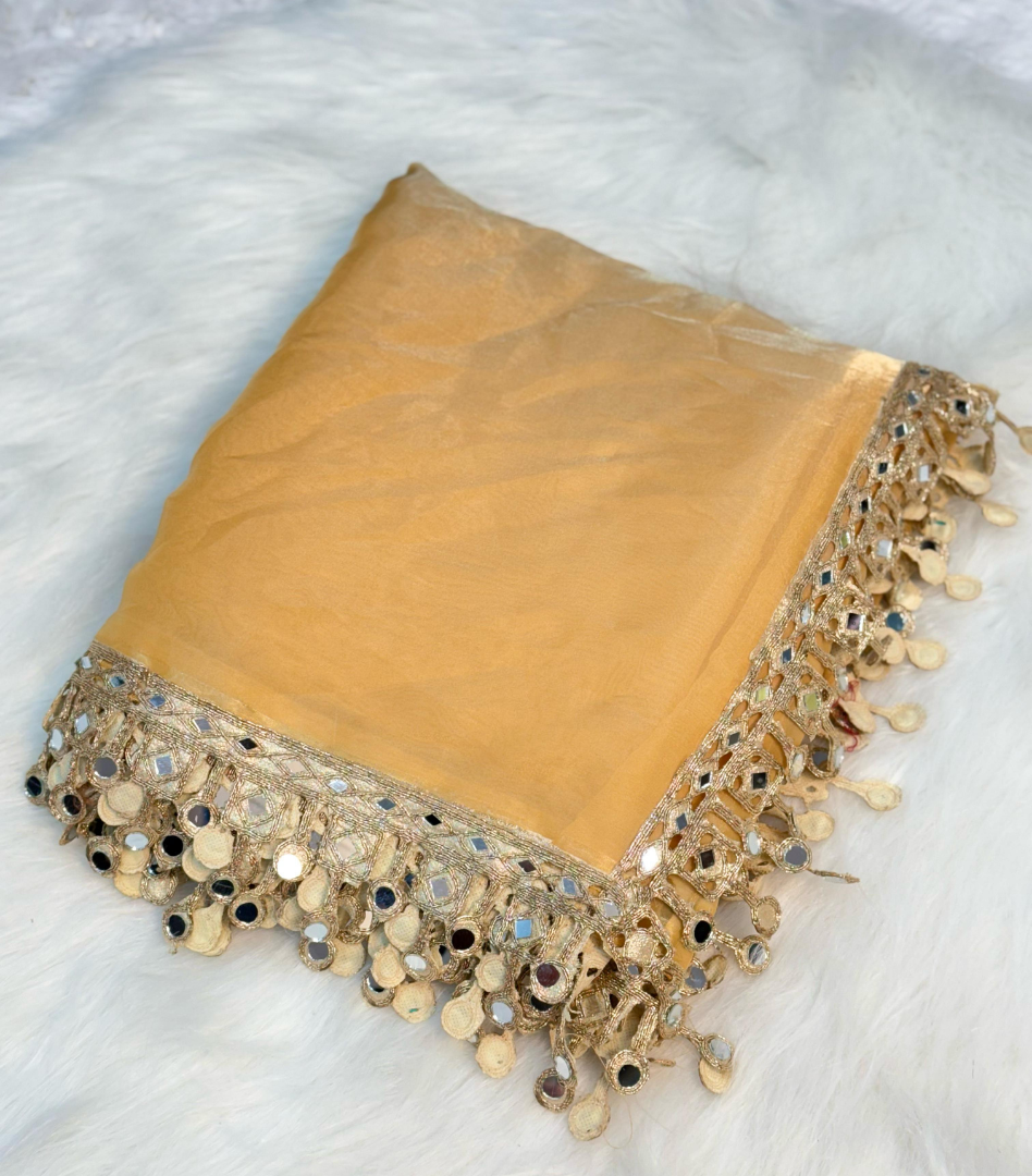 Golden Tissue Mirror Lace Saree with Blouse