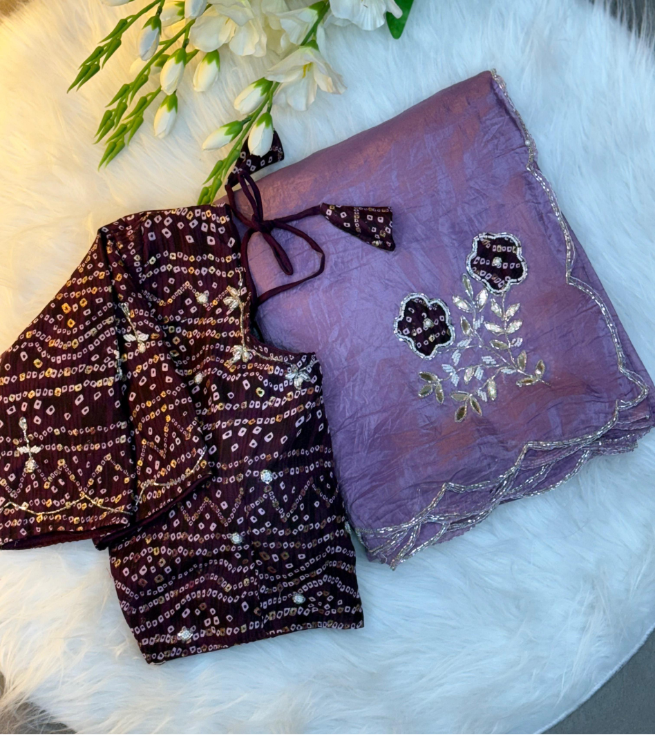 Purple Bandhej Saree with cutdana work with Blouse.