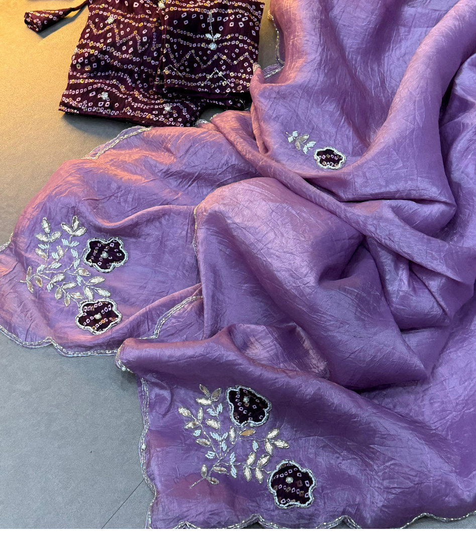 Purple Bandhej Saree with cutdana work with Blouse.