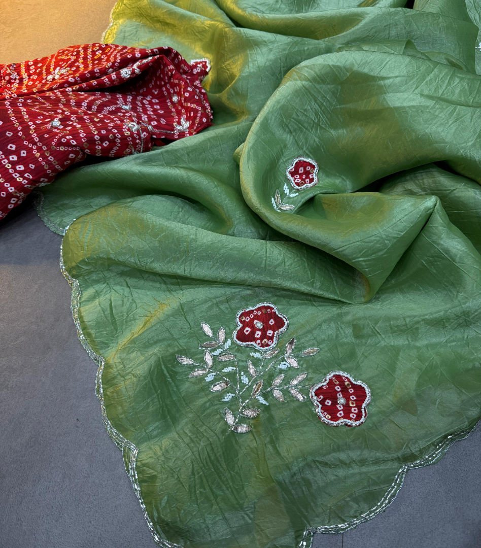 Mehandi colour Bandhej Saree with cutdana work with Blouse.