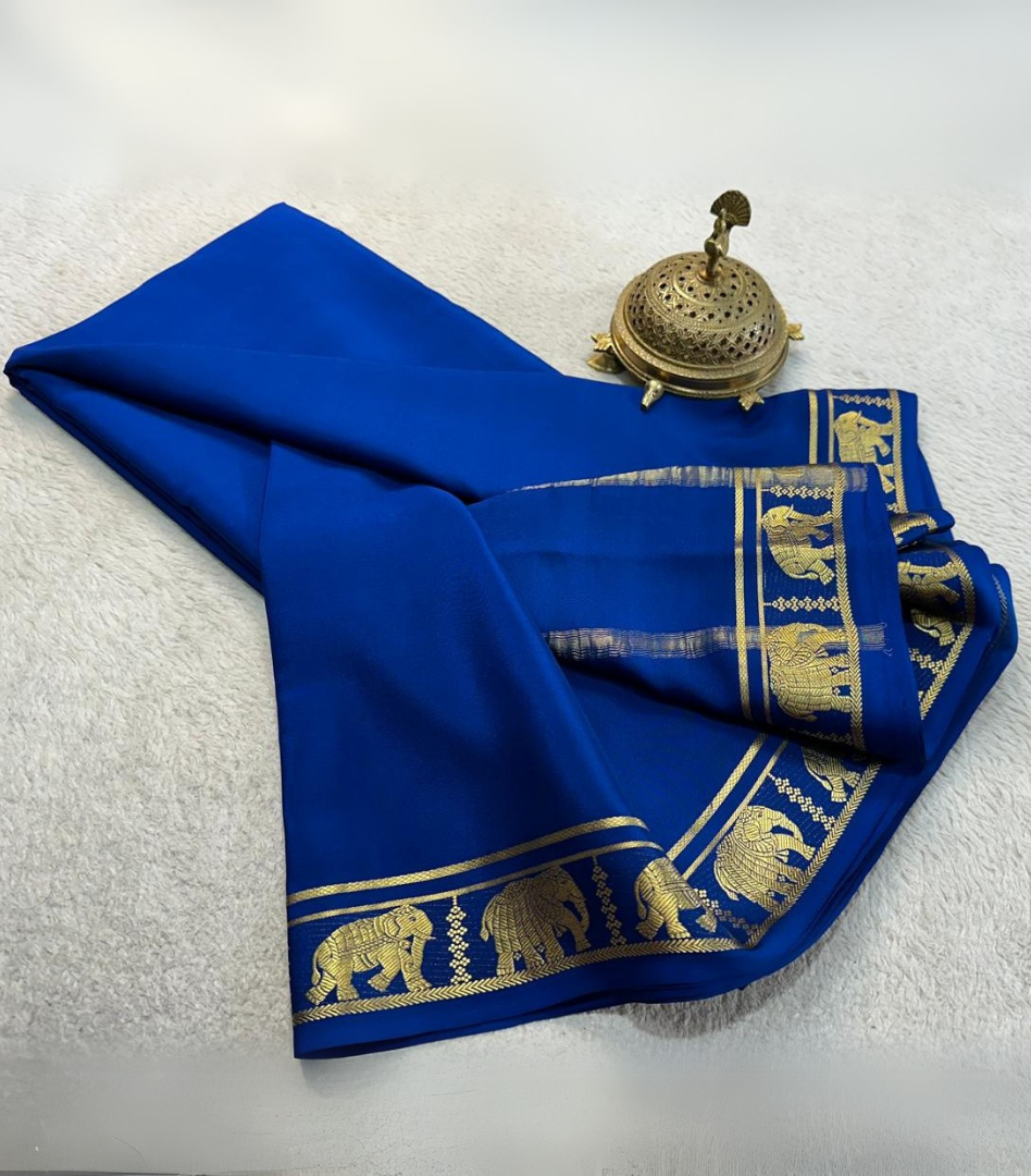 Mysore Silk Saree with Elegant Zari Border Navy Blue
