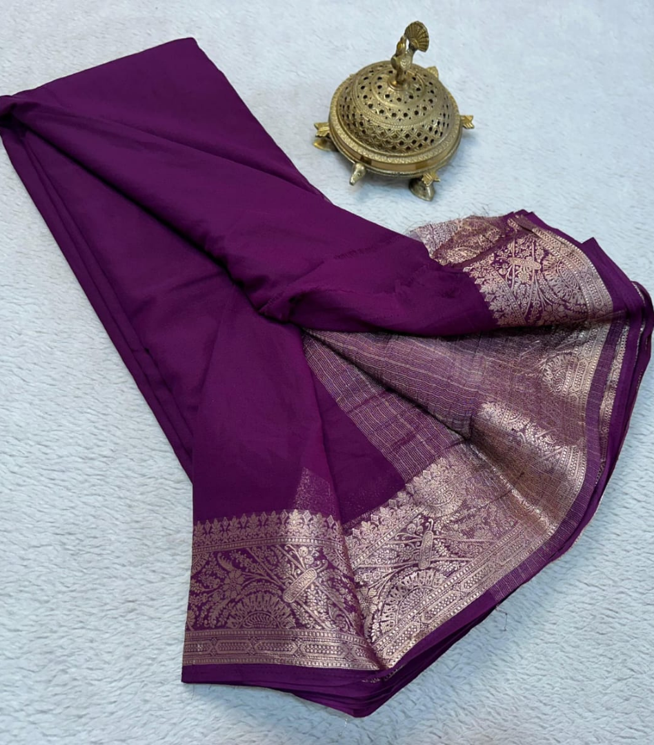 Maroon Pure Crepe Mysore Silk Saree with Unstitched Blouse