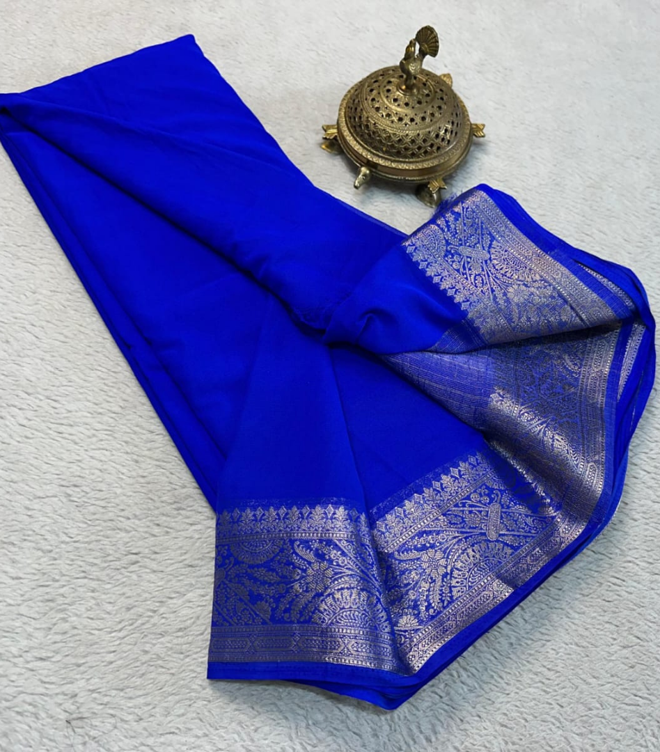 Pure Crepe Women's Mysore Silk Crepe Saree With Unstiched Blouse.
