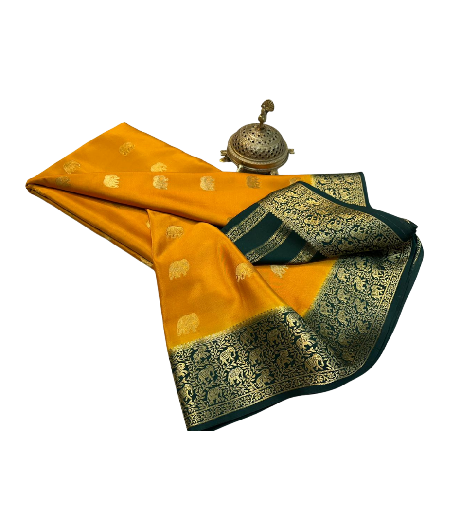 Light yellow Mysore Silk Digital Printed Saree with rich pallu