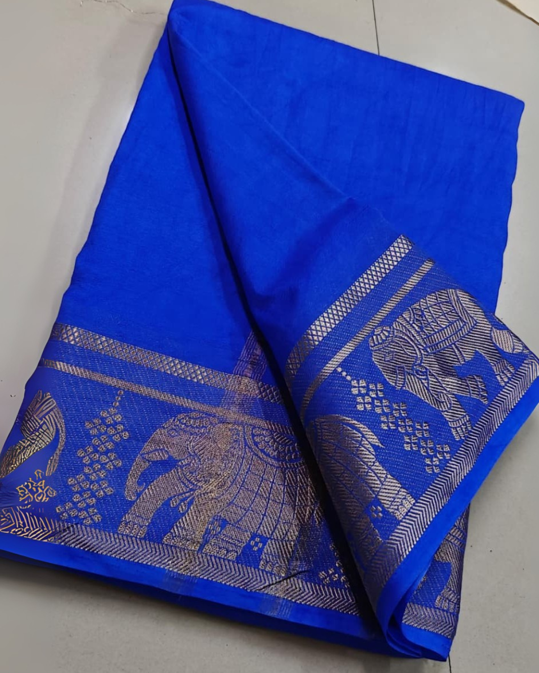 Blue Mysore Silk Saree with Elephants Golden Zari Border