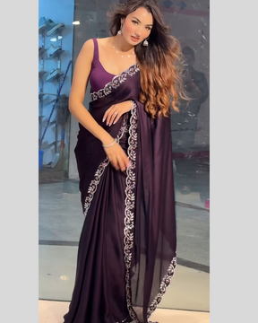 Purple Party Wear Saree with Handmade Diamond Work