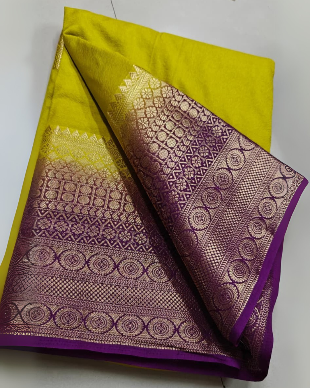 Elegant Party Wear Saree in Mysore Silk with Golden Zari Border