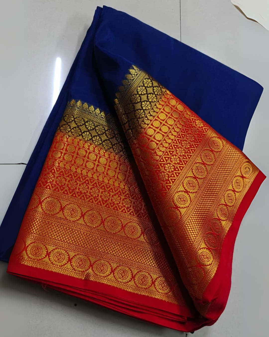 Blue Premium Mysore Silk Saree with Rich Red Golden Zari