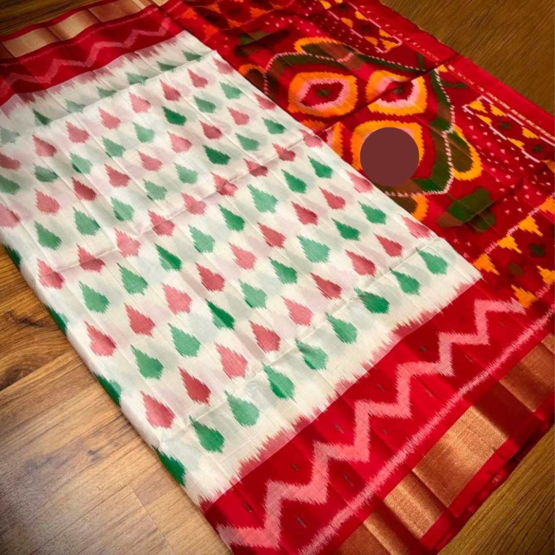 Ikkat Semi Silk Saree in White and Red