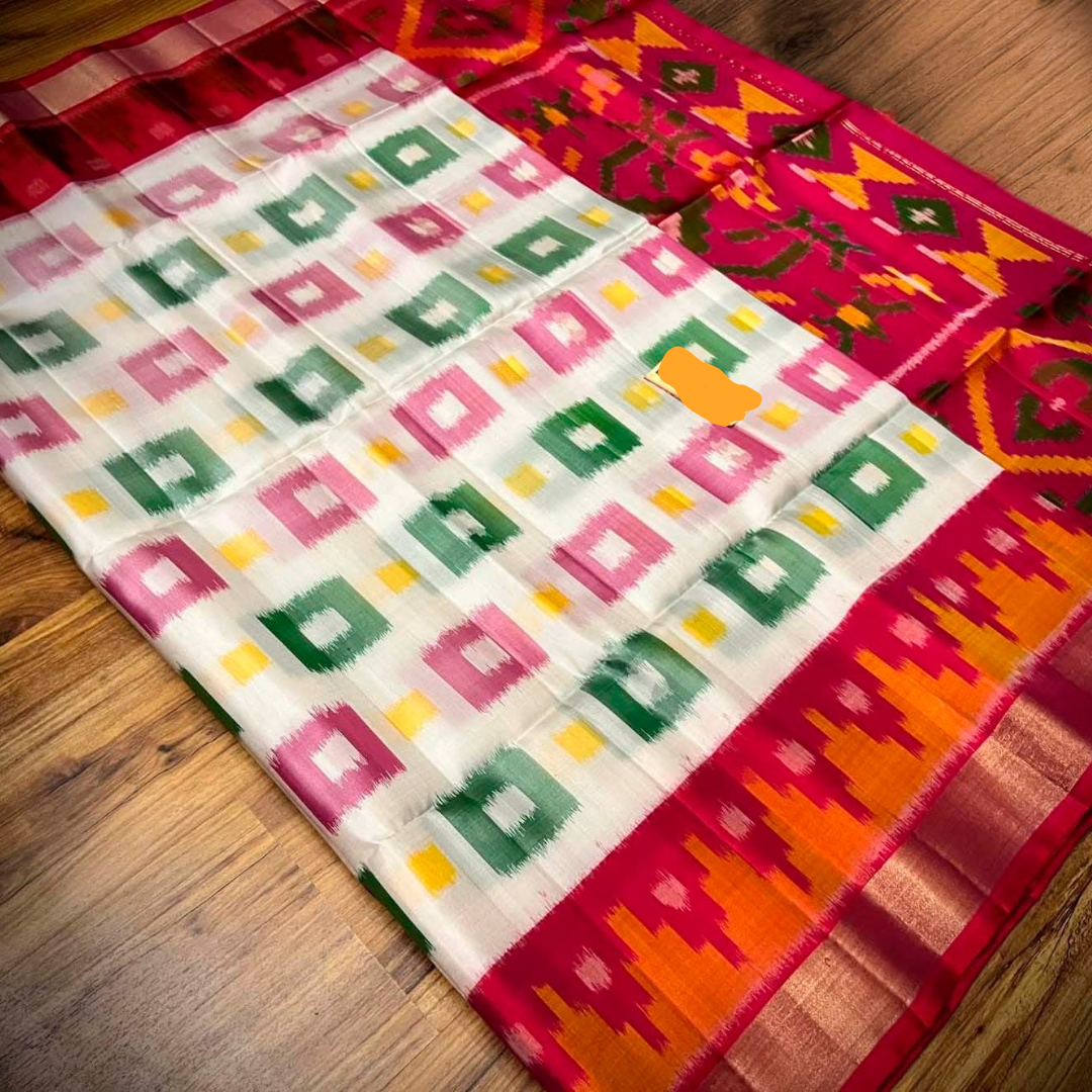 White and Red Colour Rich elegant Ikkath Silk Handloom Saree