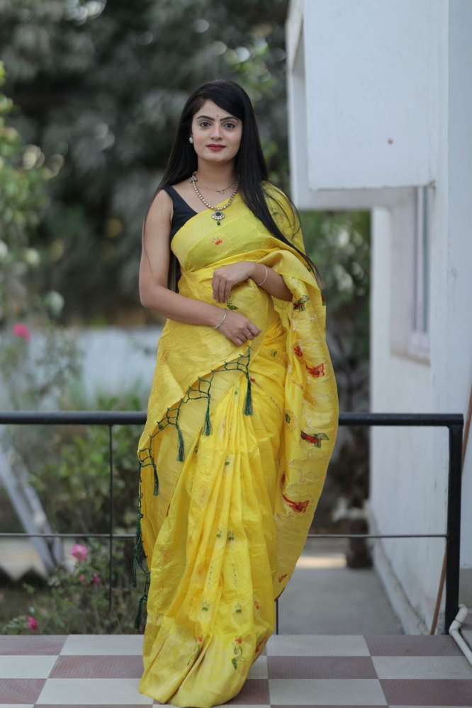 Yellow colour Soft silk saree with Blouse .