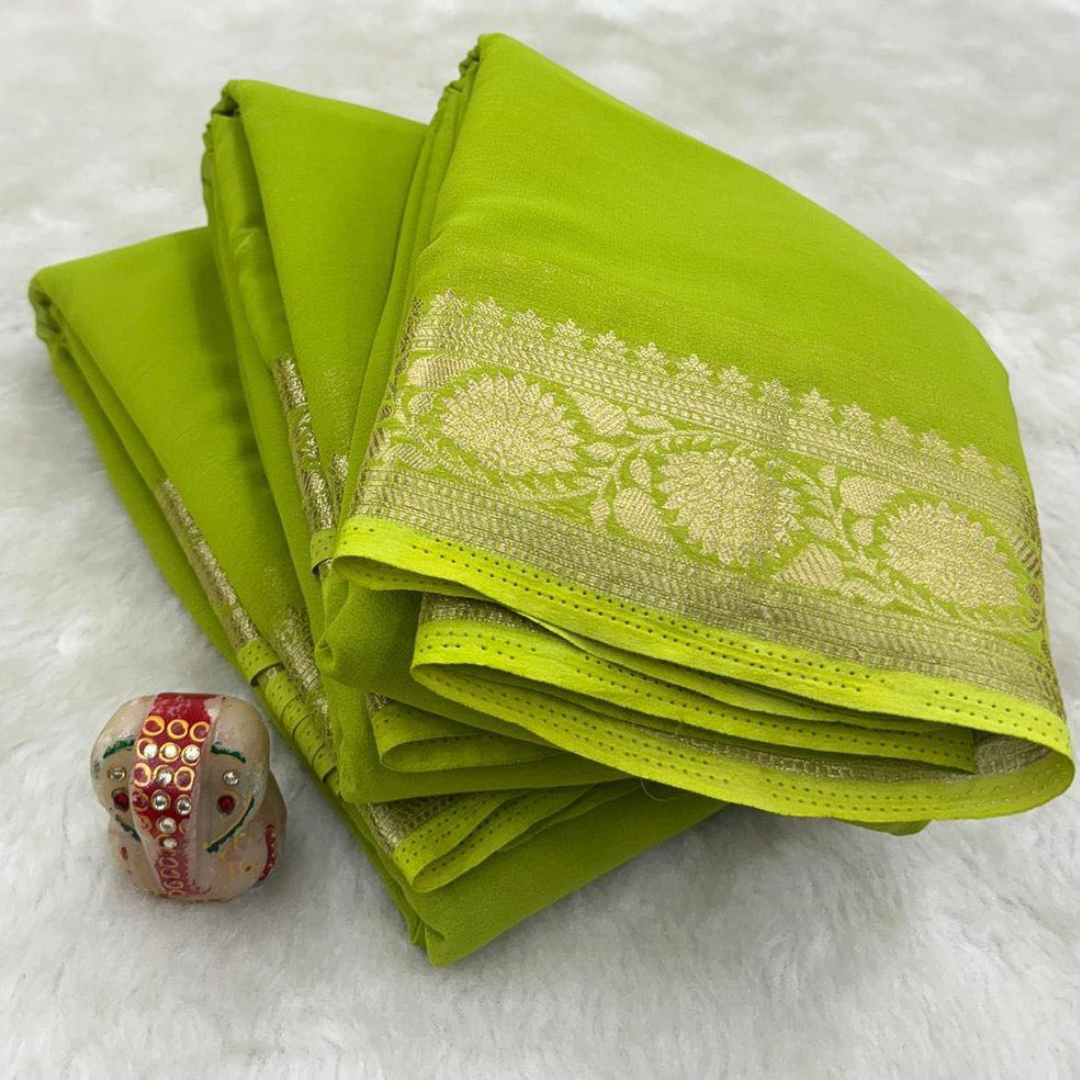 Contrast Zari Border Plain Lime Green Mysore Silk Saree