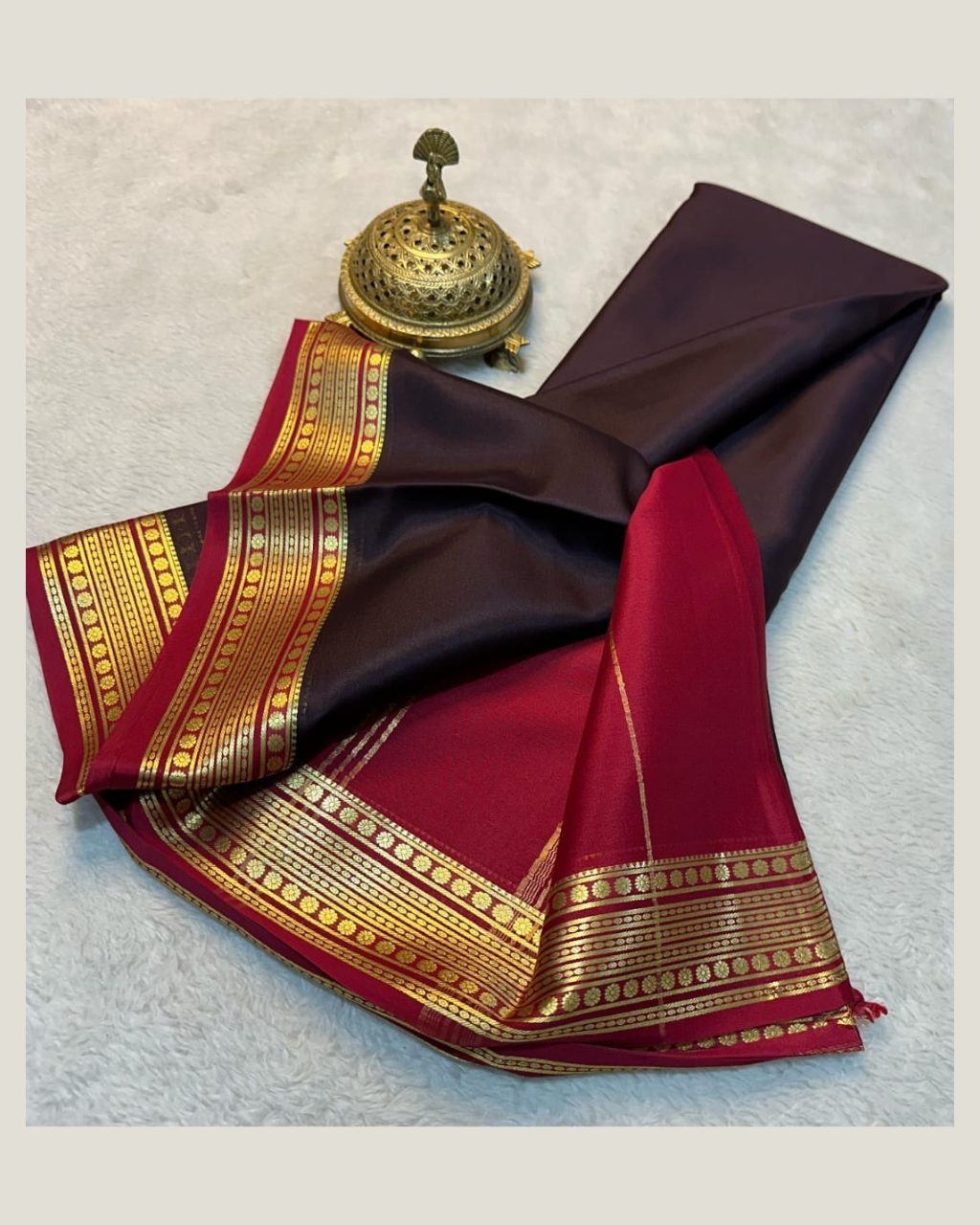 Red and Brown Mysore Crepe Silk Saree with Contrast Blouse