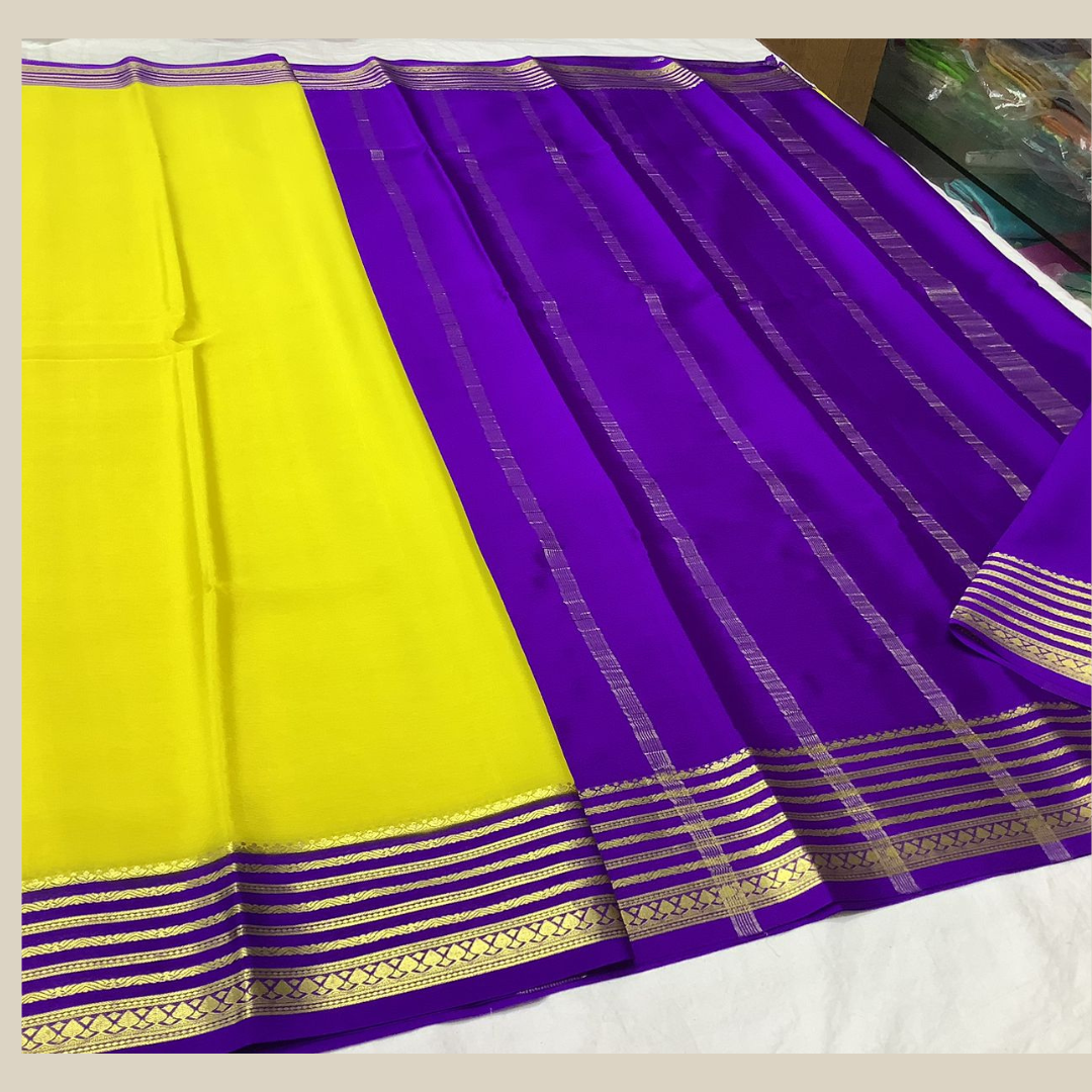 Yellow and Blue Colour Semi Mysore Silk Saree